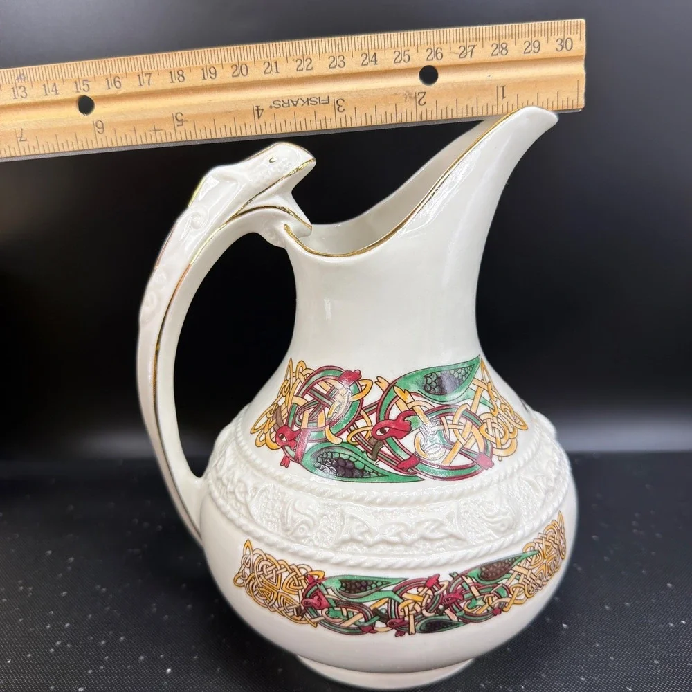 Cre Irish Porcelain Celtic Pitcher Galway Ireland Serpent Handle Gold Trim 7in‎